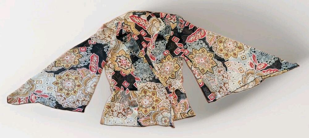 Rampage Womens S Bell Sleeve Wrap Top Paisley Boho Y2K Patchwork Blouse